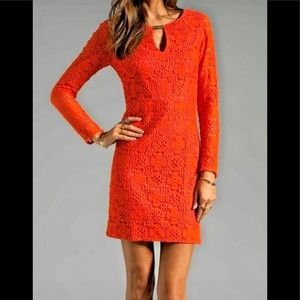 Trina Turk Lace Overlay Dress, Size 4, Orange, Long Sleeves, Above Knees, EUC